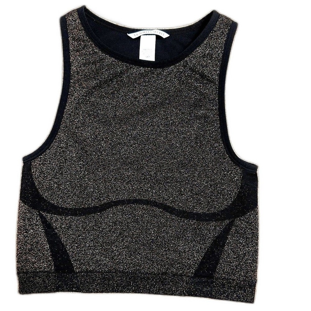 Victoria's Secret Crop Tank Women Size Small Black Gold Metallic Knit High Neck
